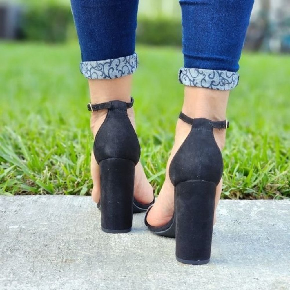 Black Suede Ankle Strap Block Heel Dress Sandals - Picture 5 of 6